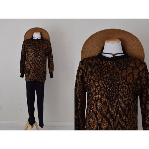 Vintage 80s Animal‎ Print Acrylic/Lurex Pullover Metallic Sweater | size M - Picture 1 of 10
